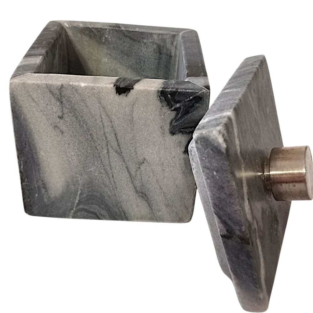 Marble Natural Stone Bathroom Storage Container Canister Silver Tone Handle Gray